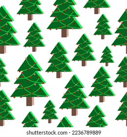 Vector hand drawn Christmas trees with stars. Seamless pattern. Happy New Year. Wrapping paper, textile, print, fabric. White background. Garlands. Christmas toys.