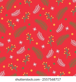 Vector Hand Drawn Christmas Twigs Berries Dots And Star Design Pattern Red Background