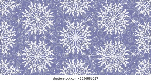Vector  hand drawn christmas violet seamless pattern with vintage curls  and white lace snowflakes
