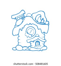 vector hand drawn christmas or winter house with snow roof. Blue Picture isolate on white background