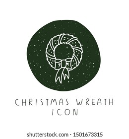 Vector hand drawn Christmas wreath icon for party, festival, blog or logo. Minimalistic New Year and Christmas stories template