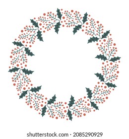 Vector hand drawn Christmas wreath isolated on white background. Decorative doodle mistletoe, round frame. Holly leaves and berry for winter new year design, ornate and greetings. Christmas template