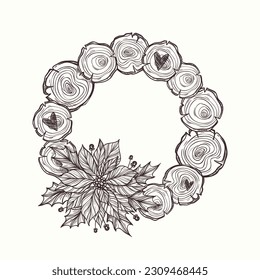 Vector hand drawn Christmas wreath with wooden elements and poinsettia flower in rustic style. Winter decoration. Hand drawn illustration for poster, packaging, designs, cards