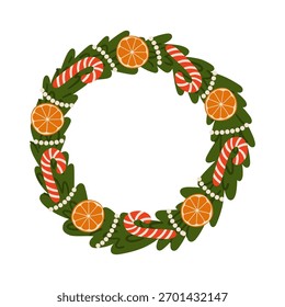Vector hand drawn Christmas wreath decorated with candy canes, orange slices. Holiday design element isolated on white background