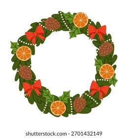 Vector hand drawn Christmas wreath decorated with red bows, orange slice, pinecone. Holiday design element isolated on white background