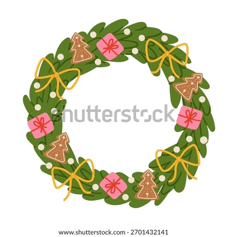 Vector hand drawn Christmas wreath decorated with gingerbread cookies, bows, gift boxes. Holiday design element isolated on white background