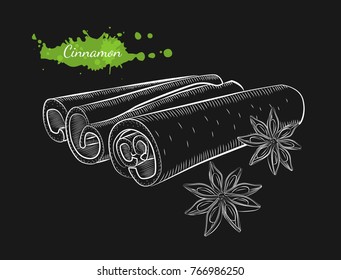 Vector hand drawn cinnamon. Isolated hand drawn illustration on black background. Organic natural healthy product. Great for banner, poster, label, package