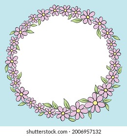 Vector hand drawn circle frame, border, wreath from color small flowers in doodle style. Cute simple primitive background, decoration for invitation, greeting card, wedding