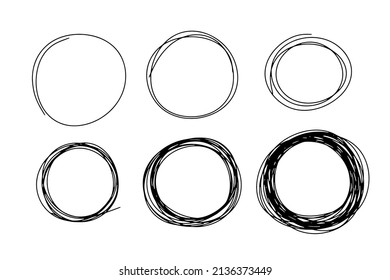 Vector hand drawn circle line sketch frames set. Vector circular scribble doodle round circles for message note sign design element. Pen or pencil graffiti bubble or ball sketch illustration.