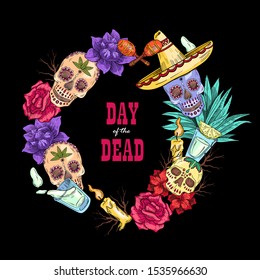 Vector hand drawn circle poster “Day of the Dead” with skulls, glass with tequila, agave, sombrero, roses and candle on the black background. 