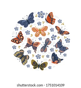 Vector hand drawn circle set of butterflies and moths. Colorful  collection with insects isolated on white background