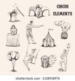 Vector hand drawn circus elements set. Collection of acrobat, elephant, popcorn, baloons, cilinder hand and magic wand isolated on background illustration. Sketch tent, entertainer and fortune teller