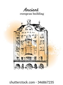 Vector hand drawn city sketch. Prague architecture. Ink drawing. Ancient European building. Good for poster, placard, advertising, any graphic design, book illustration.