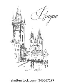 Vector hand drawn city sketches. Prague architecture. Ink drawing. Ancient European buildings. Good for poster, placard, advertising, any graphic design, book illustration.