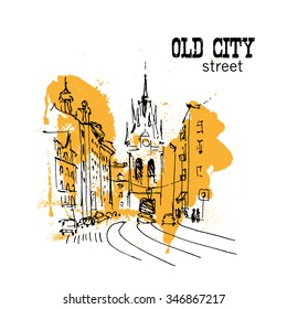 Vector hand drawn city sketches. Prague architecture. Ink drawing. Ancient European buildings. Good for poster, placard, advertising, any graphic design, book illustration.