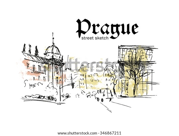Vector hand drawn city\
sketches. Prague architecture. Ink drawing. Ancient European\
buildings. Good for poster, placard, advertising, any graphic\
design, book\
illustration.