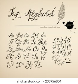 Vector hand drawn classic Alphabet.Letters and numbers.Ink.