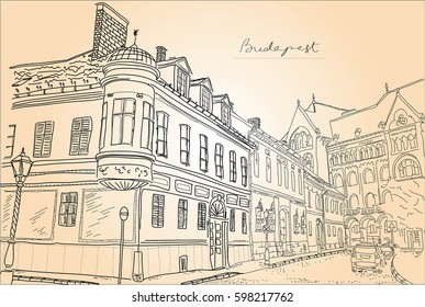 Vector, hand drawn. Classical architectural details of Budapest. Hungary