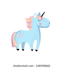 Vector hand drawn clip art of cartoon unicorn on white background. It can be used for greeting cards or posters.