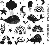 Vector hand drawn clipart for nursery decoration with cute whales, seaweed, jellyfish, starfish. Doodle modern illustration. Perfect for baby shower, birthday, kids party.