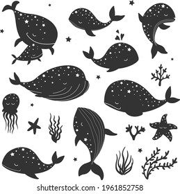 Vector hand drawn clipart for nursery decoration with cute whales, seaweed, jellyfish, starfish. Doodle modern illustration. Perfect for baby shower, birthday, kids party.