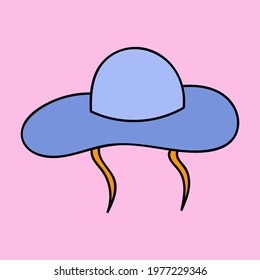 Vector hand drawn clipart of summer hat for hot days, holiday, vacation in city, town, by the beach. Illustration with hand drawn outline isolated on background. For sticker, scrapbook, fabric, etc.