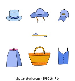 Vector hand drawn clipart of summer clothes for the hot days, holiday, vacation in the city, town and by the beach. Vector illustrations with hand drawn outline isolated on background.