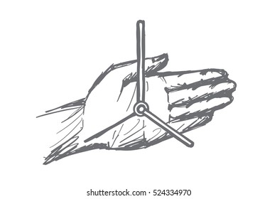 Vector hand drawn hand clock concept sketch. Second and minute hands of hand clock on male human palm