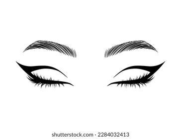 Vector Hand drawn close beautiful female eyes with long black eyelashes and brows. Makeup, beauty salon symbol.