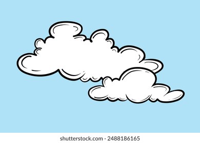 Vector Hand Drawn Cloud Isolated on Blue Sky Background. Cartoon cloud in retro style. Clouds Set in Hand Drawn Vintage Retro Style Cartoon Clouds design elements. Engraving Style illustrations.