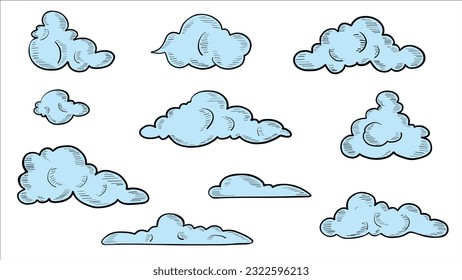 Vector Hand Drawn Clouds Isolated on White Background. Clouds collection in retro style. Clouds Set in Hand Drawn Vintage Retro Style Cartoon Clouds design elements. Engraving Style illustrations.