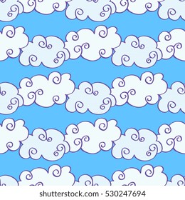 Vector hand drawn clouds over the blue sky seamless pattern