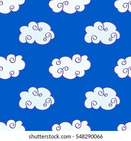 Vector hand drawn clouds over the blue sky seamless pattern