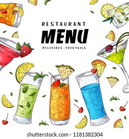Vector hand drawn cocktail menu design in sketch style. Template with alcoholic beverages for restaurant and cafe. Vintage illustration
