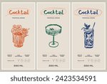 Vector hand drawn cocktail packaging label design template set for cafe or restaurant
