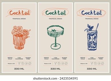 Vector hand drawn cocktail packaging label design template set for cafe or restaurant