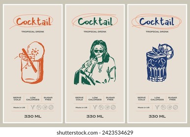 Vector hand drawn cocktail packaging label design template set for cafe or restaurant