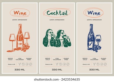 Vector hand drawn cocktail packaging label design template set for cafe or restaurant