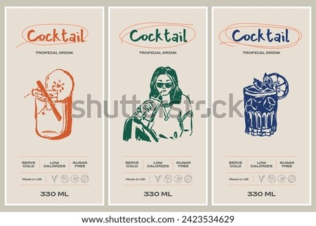 Vector hand drawn cocktail packaging label design template set for cafe or restaurant