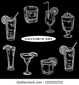 Vector hand drawn of cocktails set on black background. 