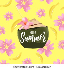 Vector hand drawn coconut with flowers and lettering Hello summer. Exotic tropical fruit. Sketch. Good for invitations, greeting cards, posters, prints, banners templates. 