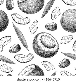 Vector hand drawn coconut seamless pattern. Tropical summer fruit engraved style illustration. Detailed food drawing. Great for summer decor