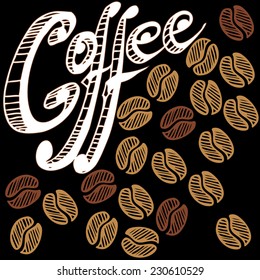 Vector hand drawn coffee beans and text. 