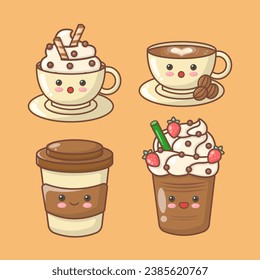 vector hand drawn coffee beverages iced hot cup latte kawai cute illustration