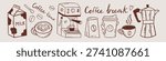 Vector hand drawn coffee break doodle set with milk carton, espresso machine, coffee cups, to go cup, moka pot and beans. Cozy cafe collection for menu, social media, blog, packaging, kitchen decor.