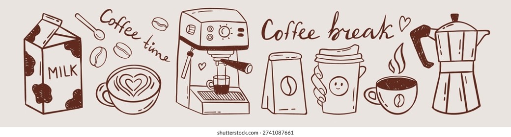 Vector hand drawn coffee break doodle set with milk carton, espresso machine, coffee cups, to go cup, moka pot and beans. Cozy cafe collection for menu, social media, blog, packaging, kitchen decor.