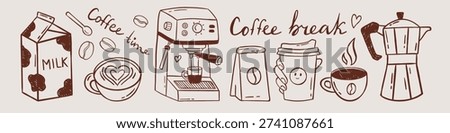 Vector hand drawn coffee break doodle set with milk carton, espresso machine, coffee cups, to go cup, moka pot and beans. Cozy cafe collection for menu, social media, blog, packaging, kitchen decor.