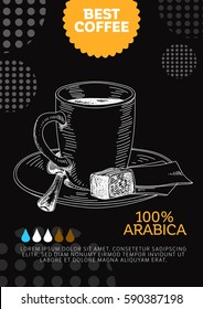 Vector hand drawn coffee card. Vintage style poster. Retro sketch background. Template
