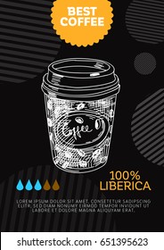 Vector hand drawn coffee card. Vintage style poster. Retro sketch background. Template