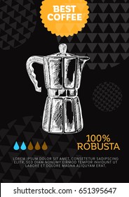 Vector hand drawn coffee card. Vintage style poster. Retro sketch background. Template